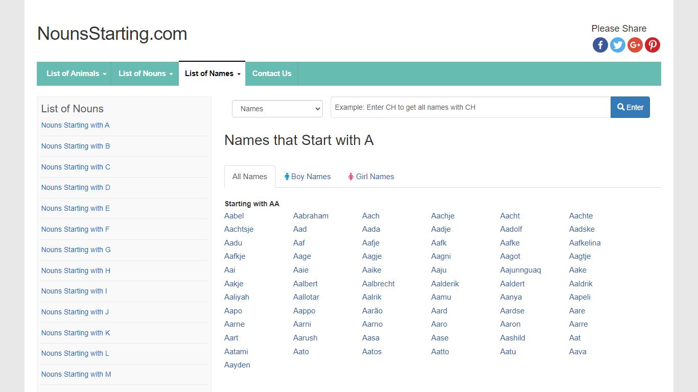 Names that Start with A - List of Names - NounsStarting.com